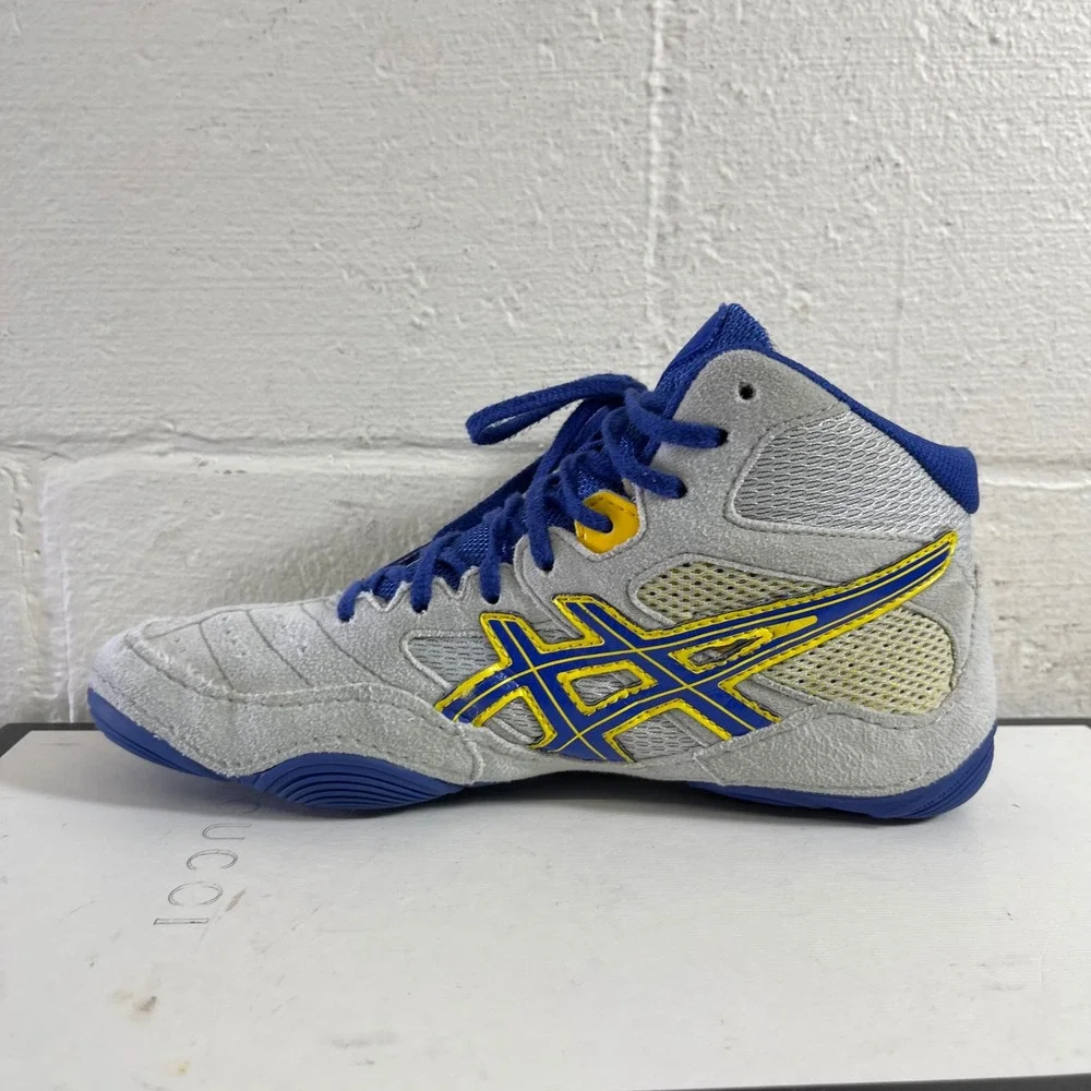 Asics Snapdown Gray True Blue J502Y Athletic Wrestling Shoes Sneaker Kids 5.5 US